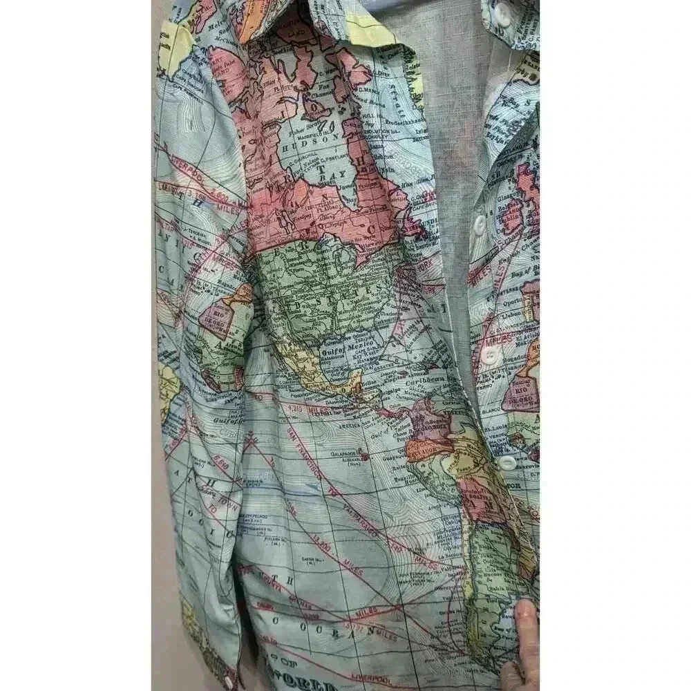 VINTAGE 70's World Map printed Women's dress shirt Novelty in size XL - Picture 4 of 6